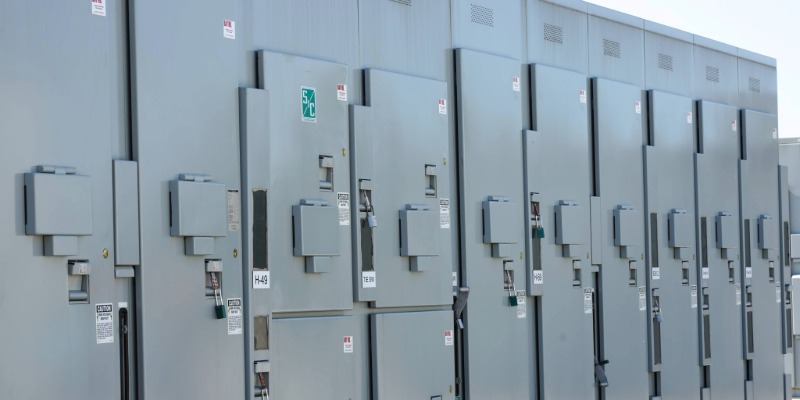 Closeup of S&C Custom Metal-Enclosed Switchgear. There are 10 bays, each with a heavy-duty metal door closed over it. Each door has a metal padlock door on it. The entire switchgear lineup is light gray and there is a green S&C logo on one of the doors.