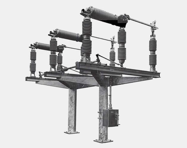 outlined black and white image of a line rupter switch for outdoor transmission, 115 kV through 230 kV linerupter switch, outdoor transmission switch, group-operated switch, transmission line tower mounting, substation structure mounting