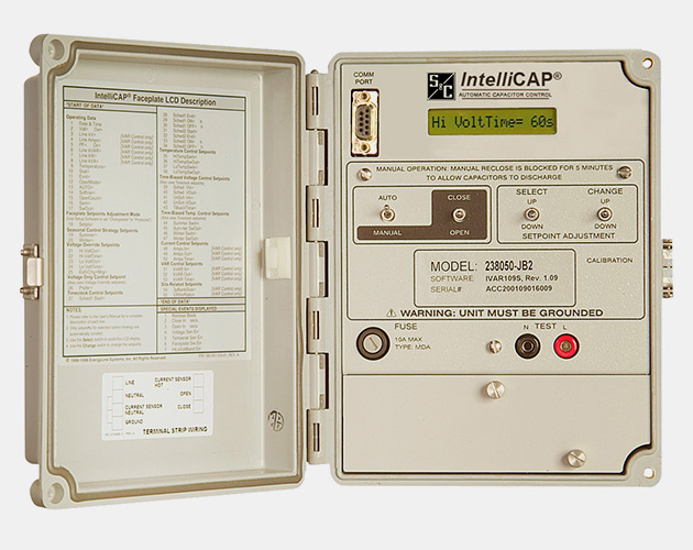 alternative to electromechanical capacitor controls for the control of pole-mounted and pad-mounted switched capacitor banks in electric distribution systems electromechanical capacitor controls, alternative to electromechanical capacitor controls, intellicap control, capacitor bank control